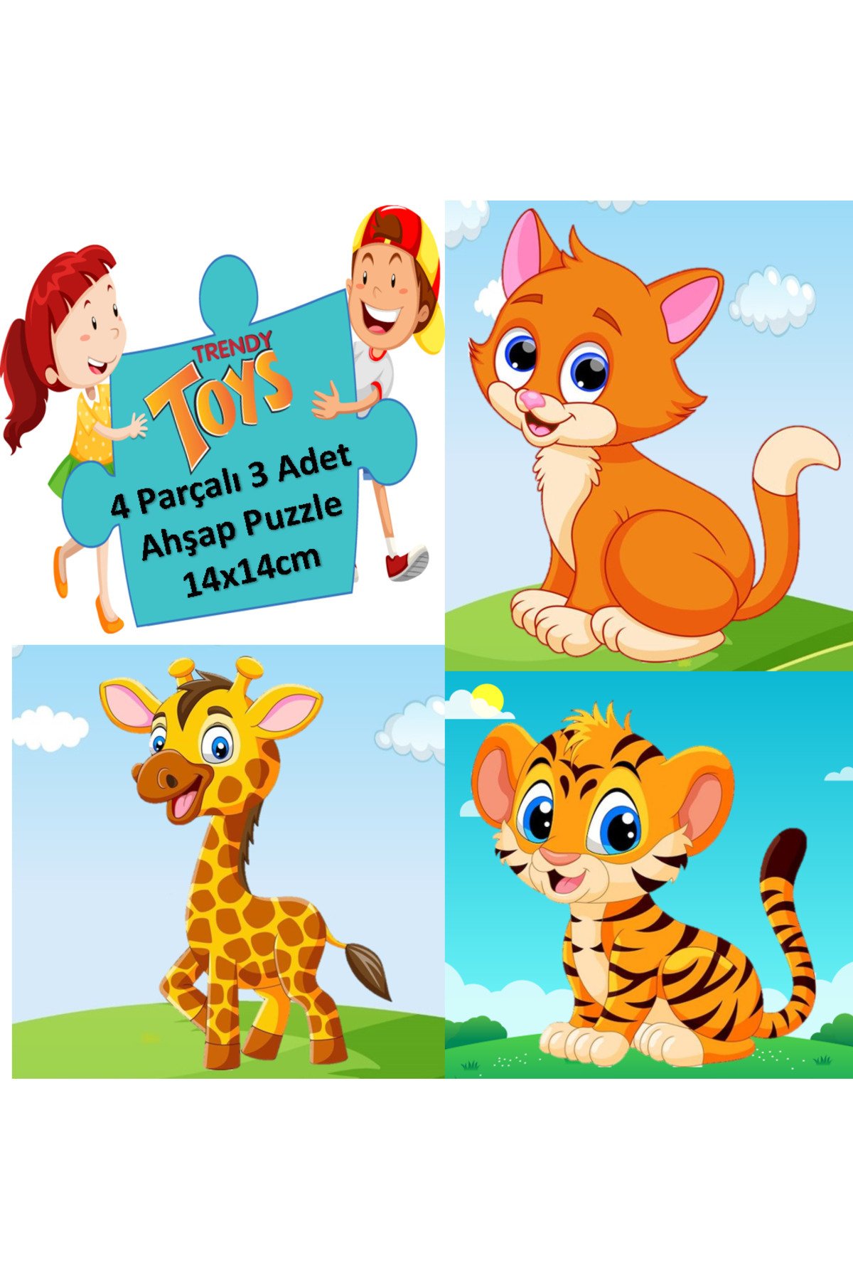 Ahşap Puzzle Ilk Yapbozum 3 Adet 4 Parçalı 14x14cm