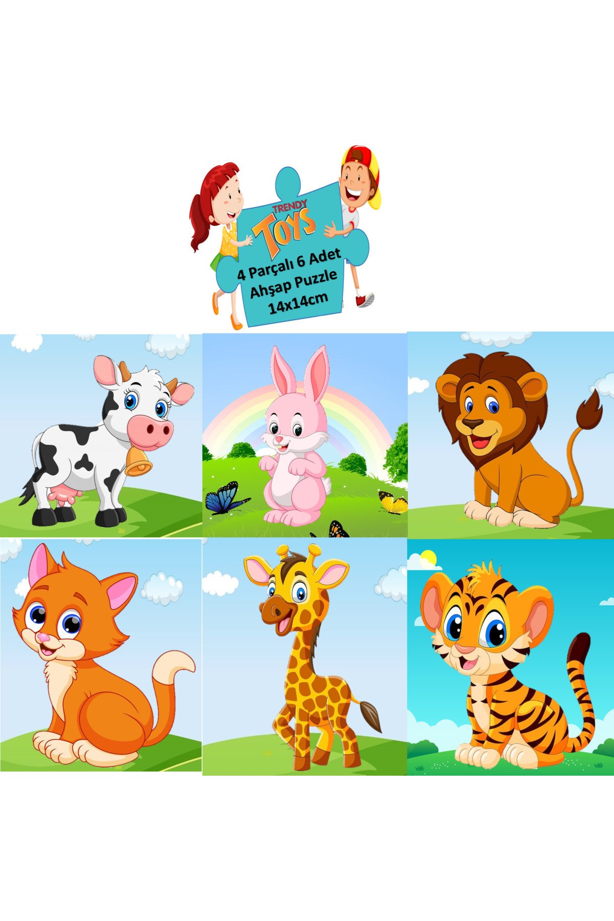 Ahşap Puzzle Ilk Yapbozum 6 Adet 4 Parçalı 14x14cm