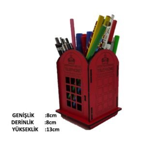 Ahşap Kalemlik Telefon Kulubesi Kırmızı