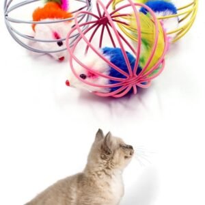 Metal Kafesli Pelüş Fareli Kedi Köpek Oyuncağı 6 Cm