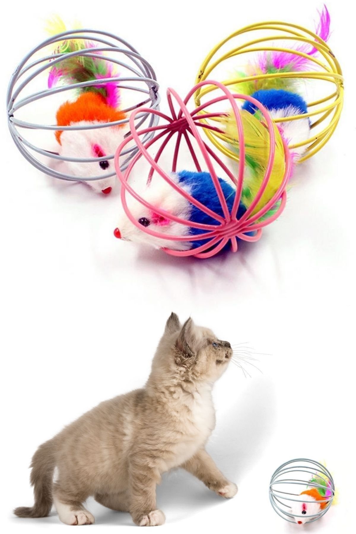 Metal Kafesli Pelüş Fareli Kedi Köpek Oyuncağı 6 Cm
