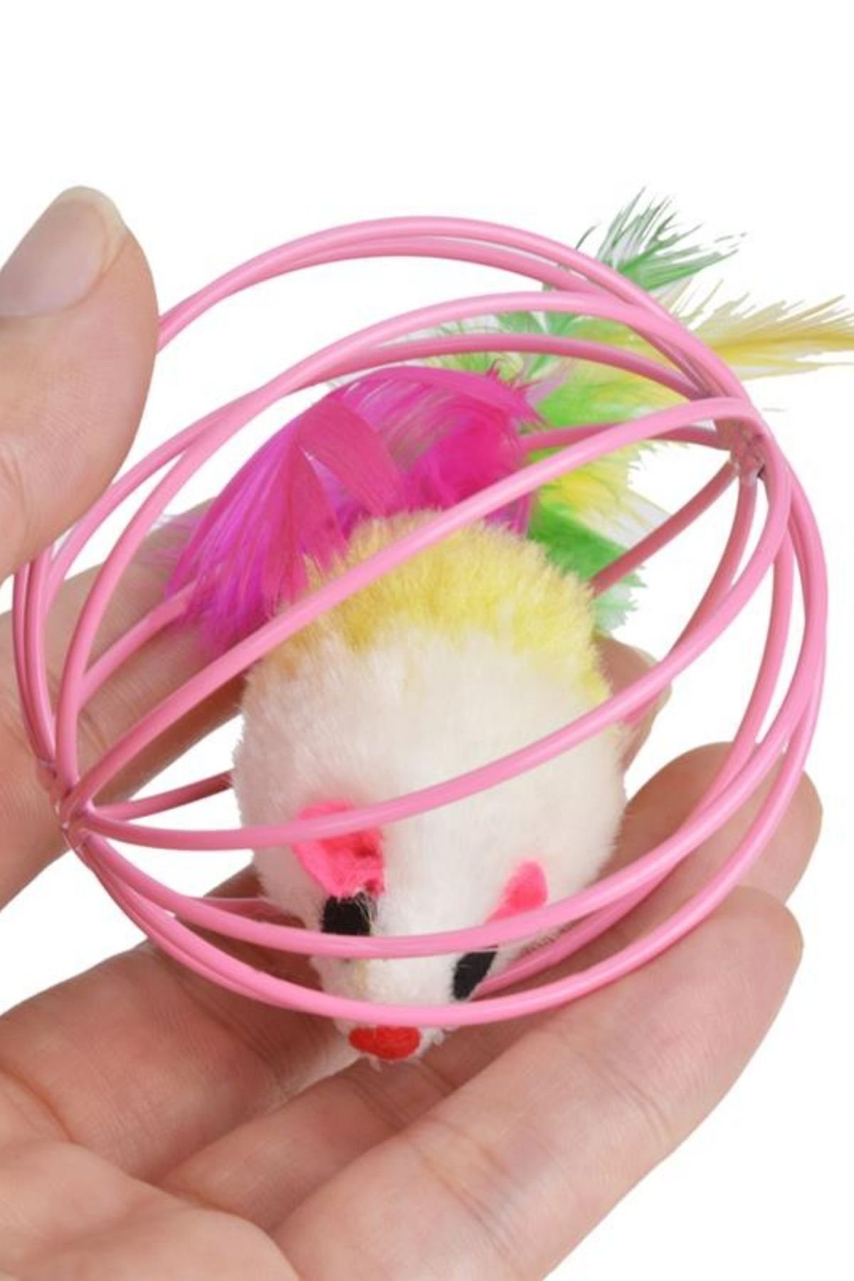 Metal Kafesli Pelüş Fareli Kedi Köpek Oyuncağı 6 Cm - Görsel 2