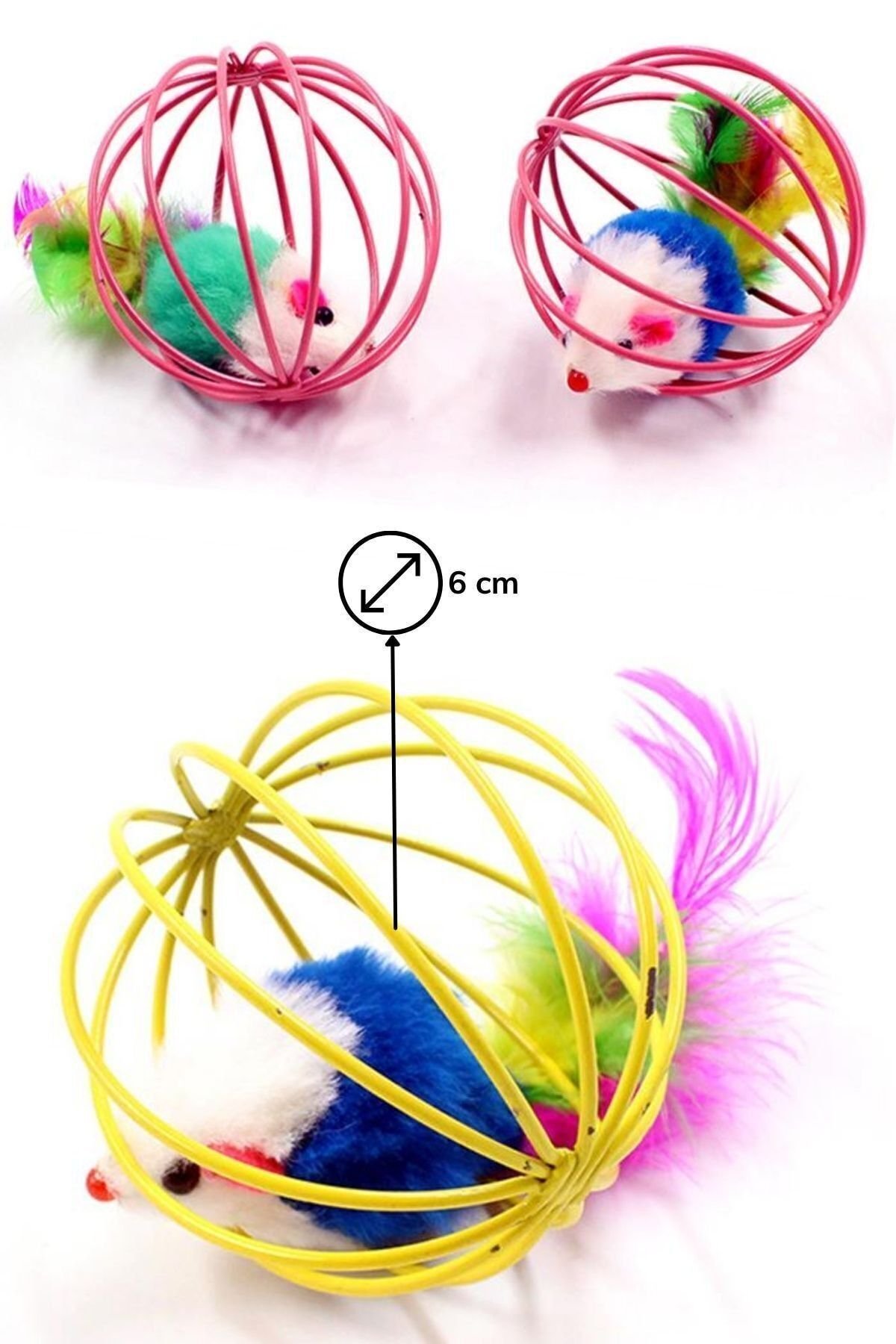 Metal Kafesli Pelüş Fareli Kedi Köpek Oyuncağı 6 Cm - Görsel 3