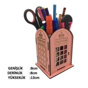 Ahşap Kalemlik Telefon Kulubesi Pembe