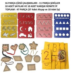 Eğitici Ahşap Çizgi Çalışmaları,Sayı ve Şekiller Ip Geçirme  El Kası Geliştirme