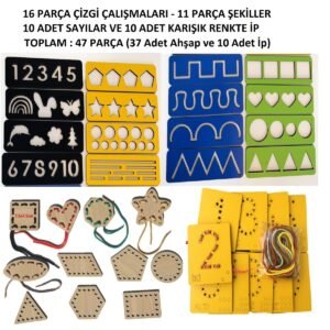 Eğitici Ahşap Çizgi Çalışmaları,Sayı ve Şekiller Ip Geçirme  El Kası Geliştirme Seti